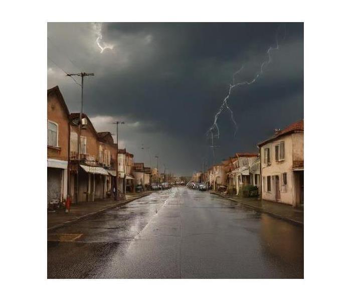 Dark clouds hovering over a town.