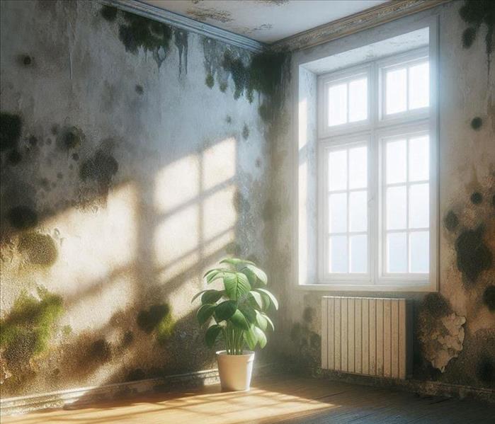 A room covered in mold with a plant sitting in front of a window.